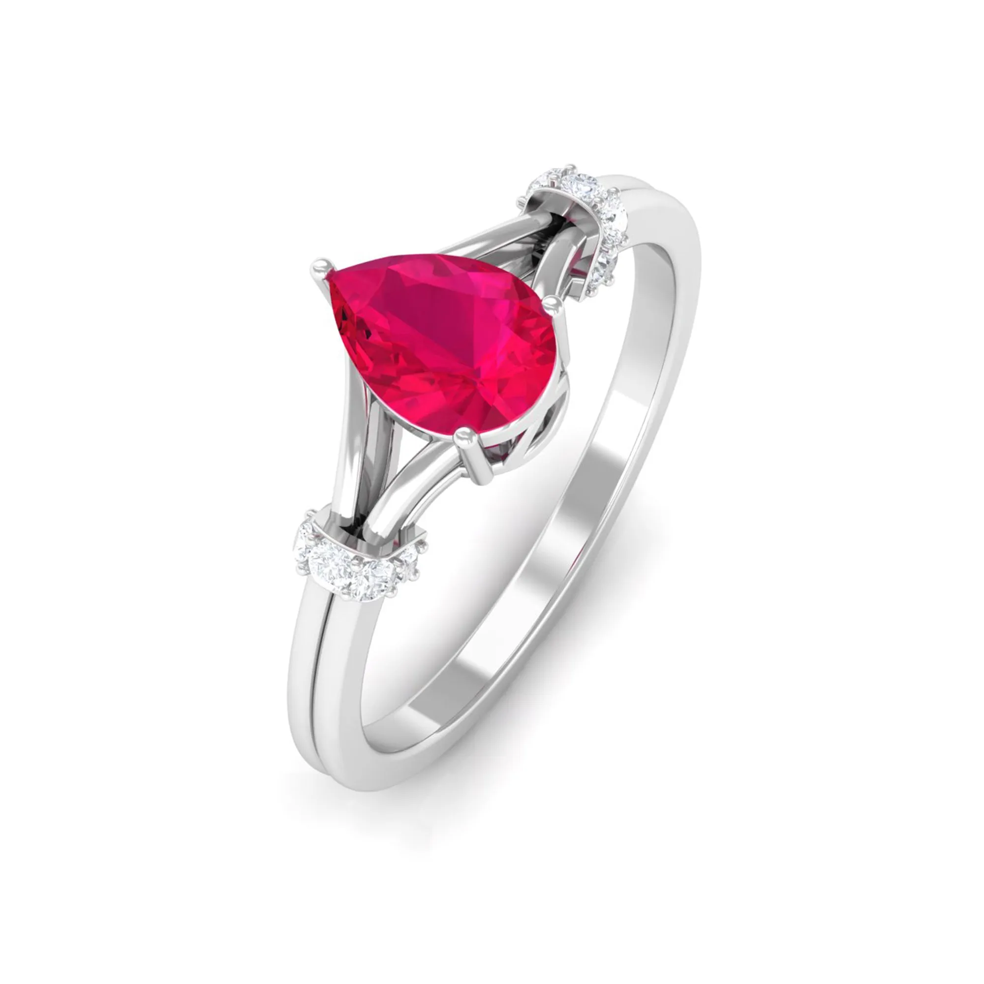 Pear Ruby Solitaire Ring with Diamond in Split Shank