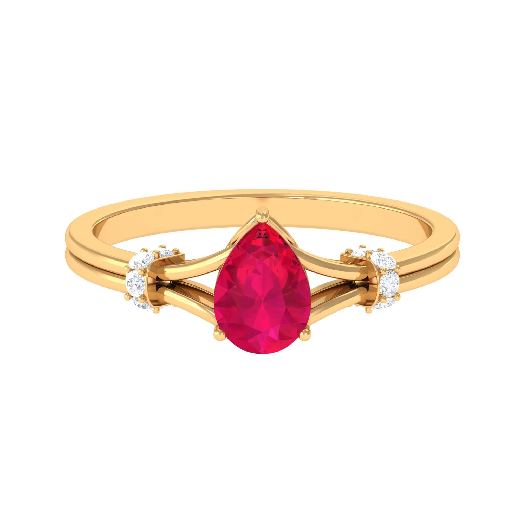 Pear Ruby Solitaire Ring with Diamond in Split Shank