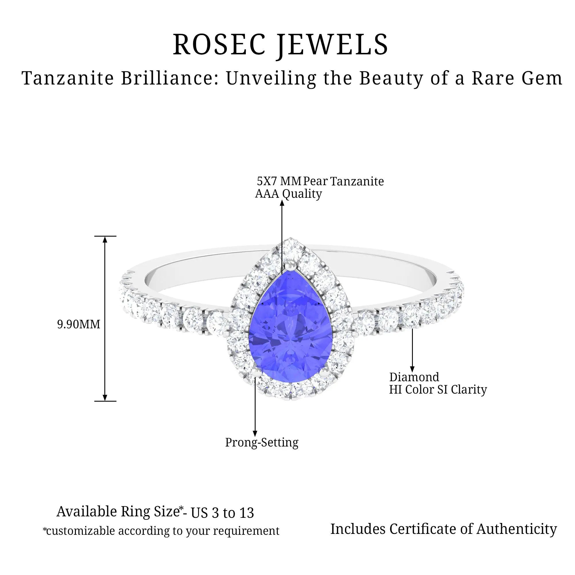 Pear Shaped Tanzanite Halo Engagement Ring with Diamond