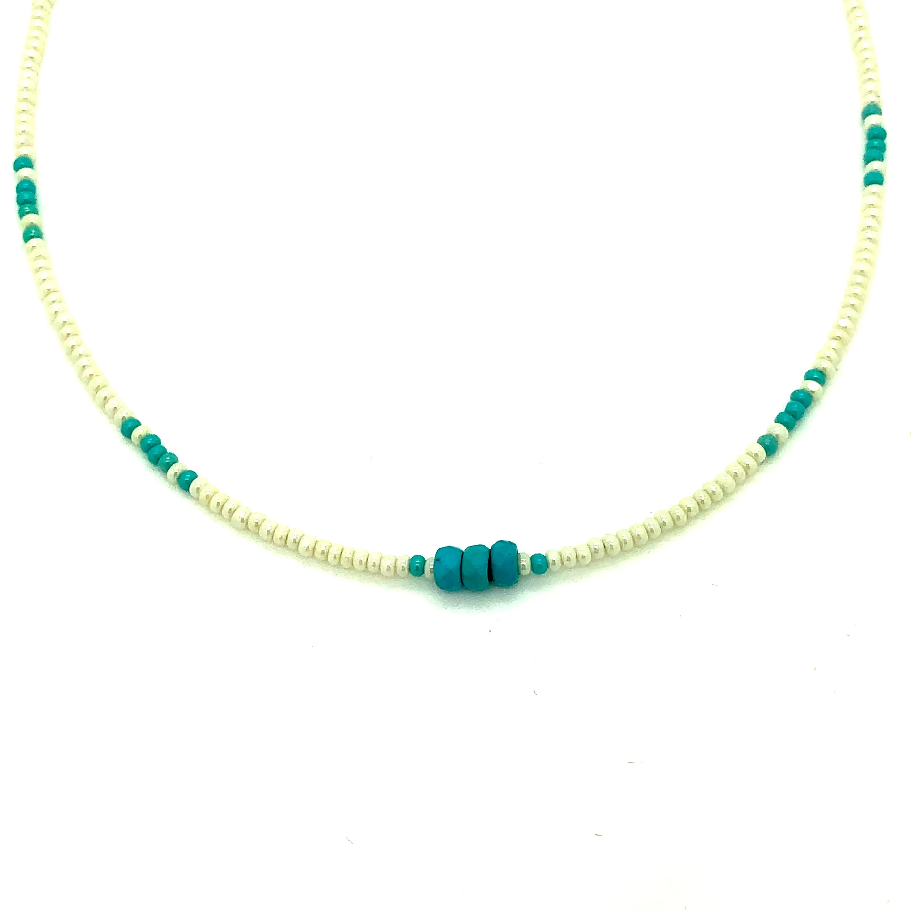 Pearlized White & Turquoise Beaded Necklace