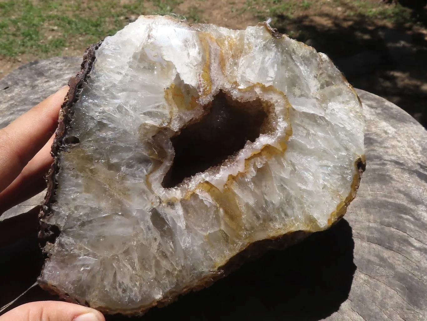 Polished Large Crystal Centred Agate Geode With Carnelian Colouration x 1 From Zululand, South Africa