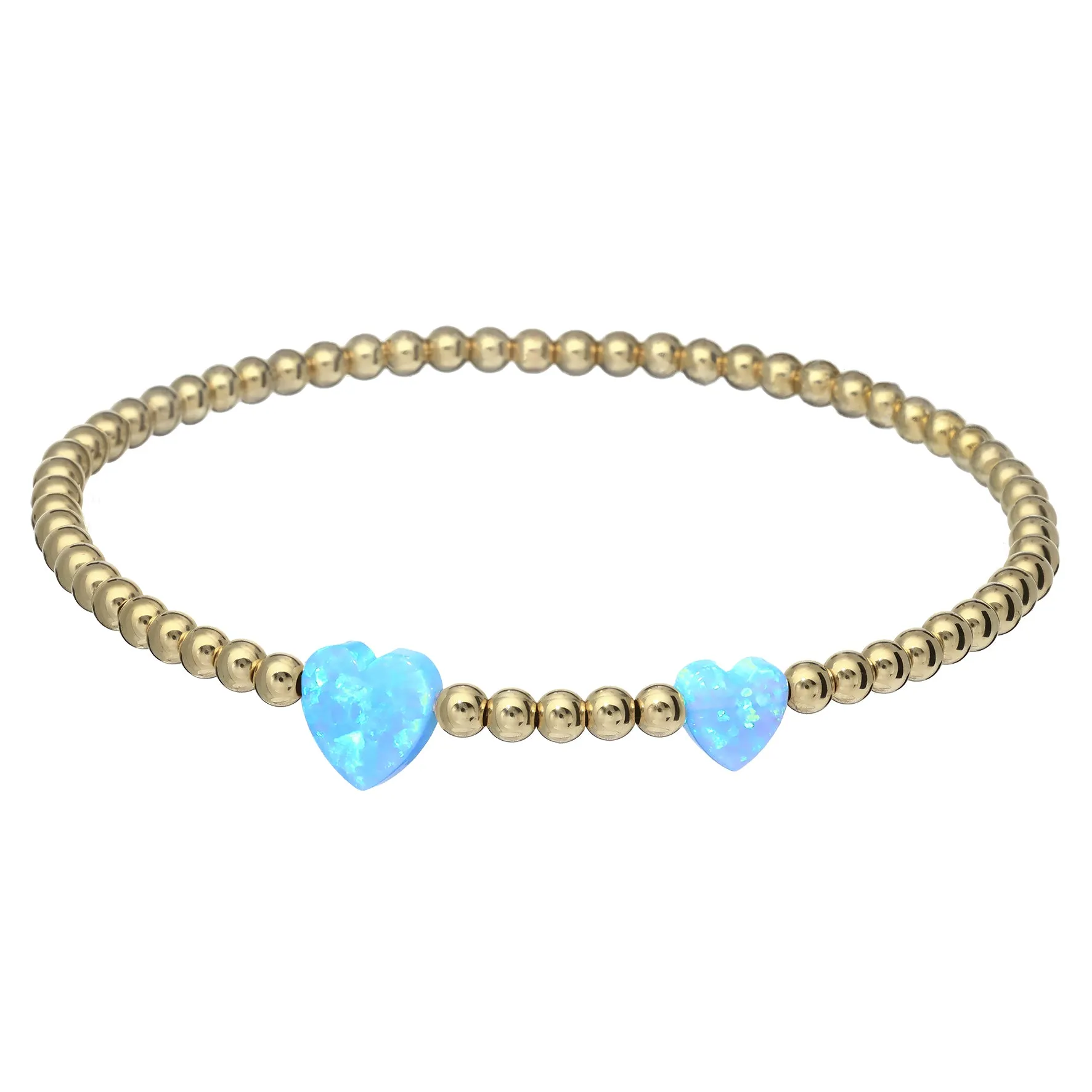 "DOUBLE OPAL HEART" Charm and Gold Filled Ball Beaded Bracelet