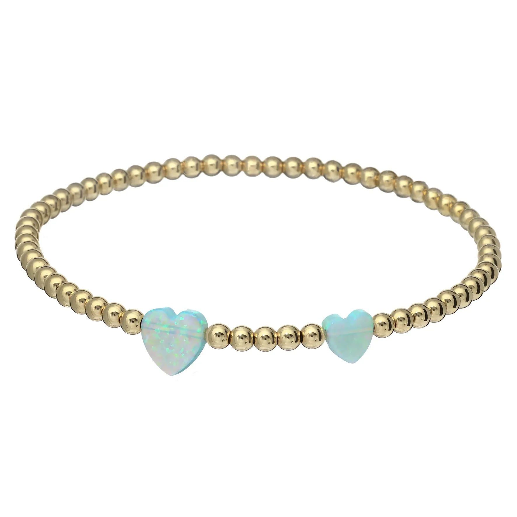 "DOUBLE OPAL HEART" Charm and Gold Filled Ball Beaded Bracelet