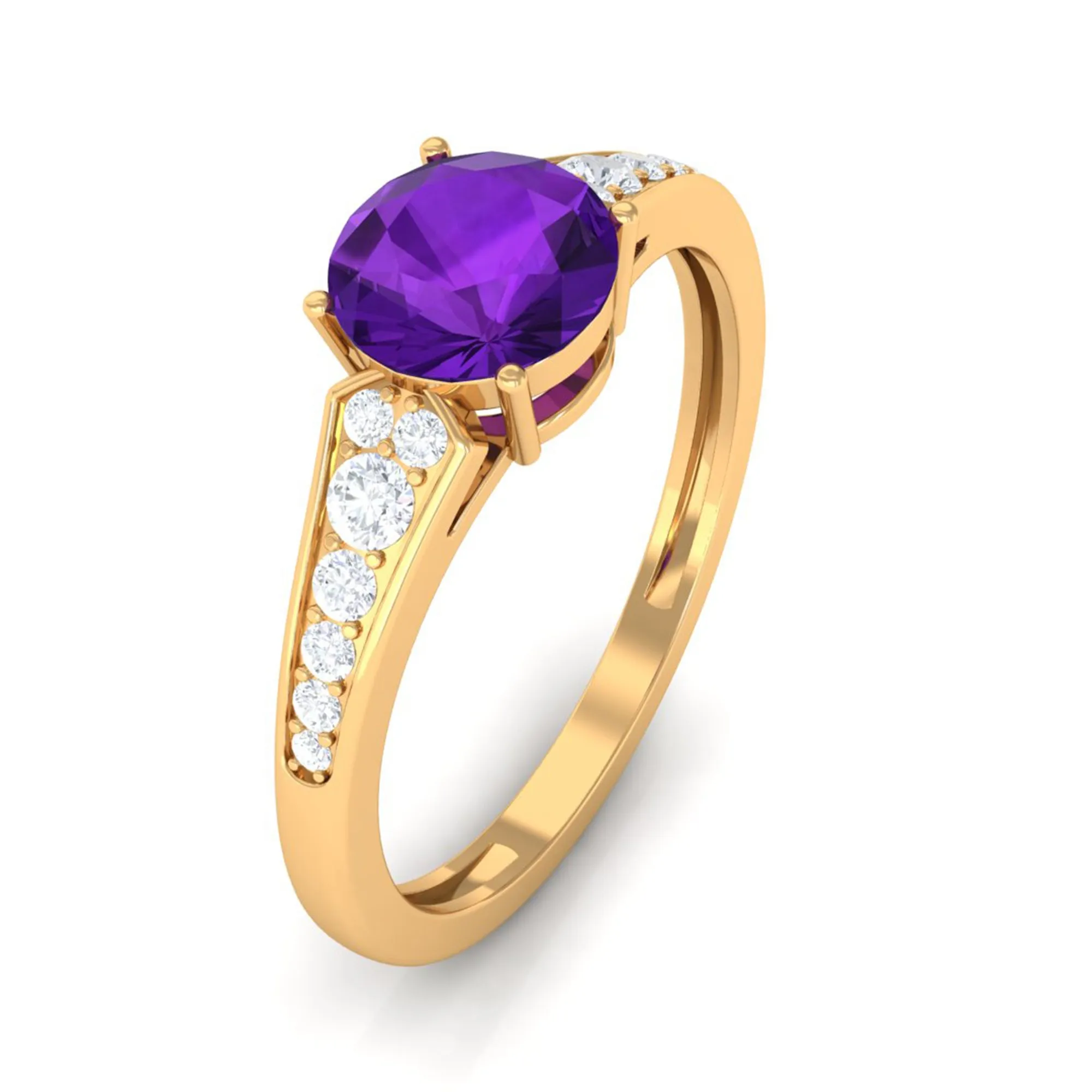 Real Amethyst Solitaire Ring with Diamond Side Stones