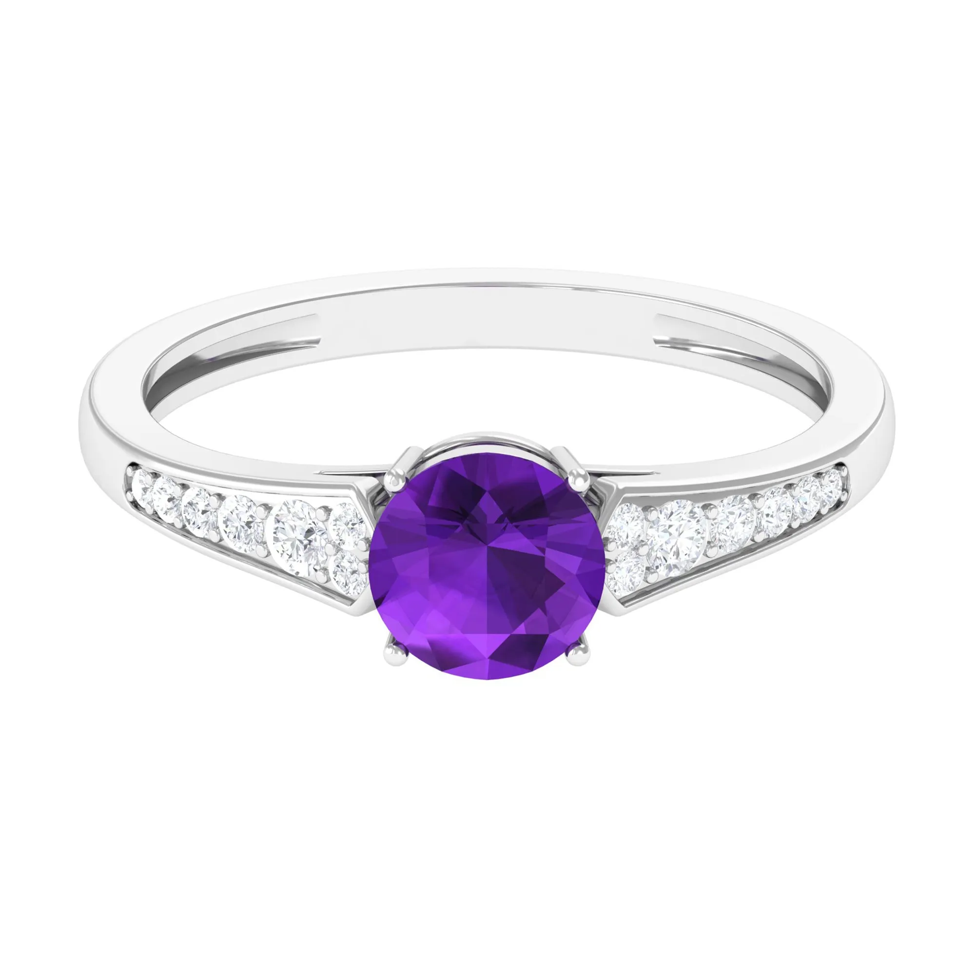 Real Amethyst Solitaire Ring with Diamond Side Stones