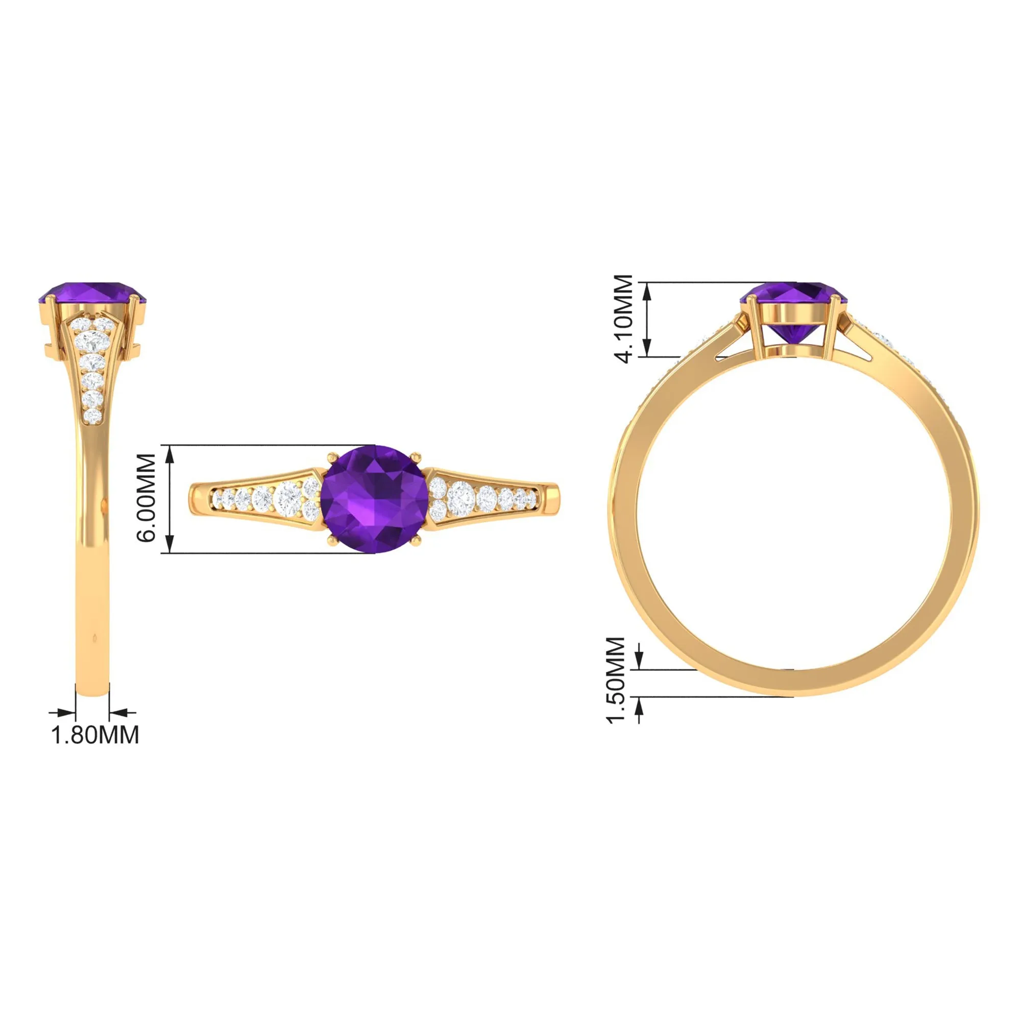 Real Amethyst Solitaire Ring with Diamond Side Stones