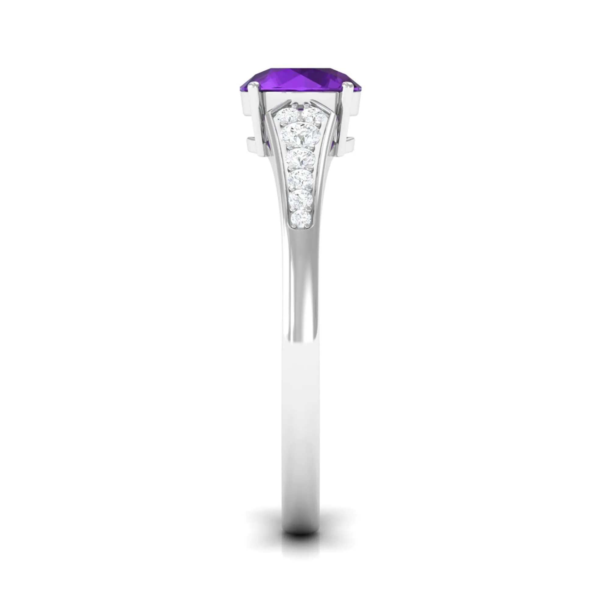 Real Amethyst Solitaire Ring with Diamond Side Stones