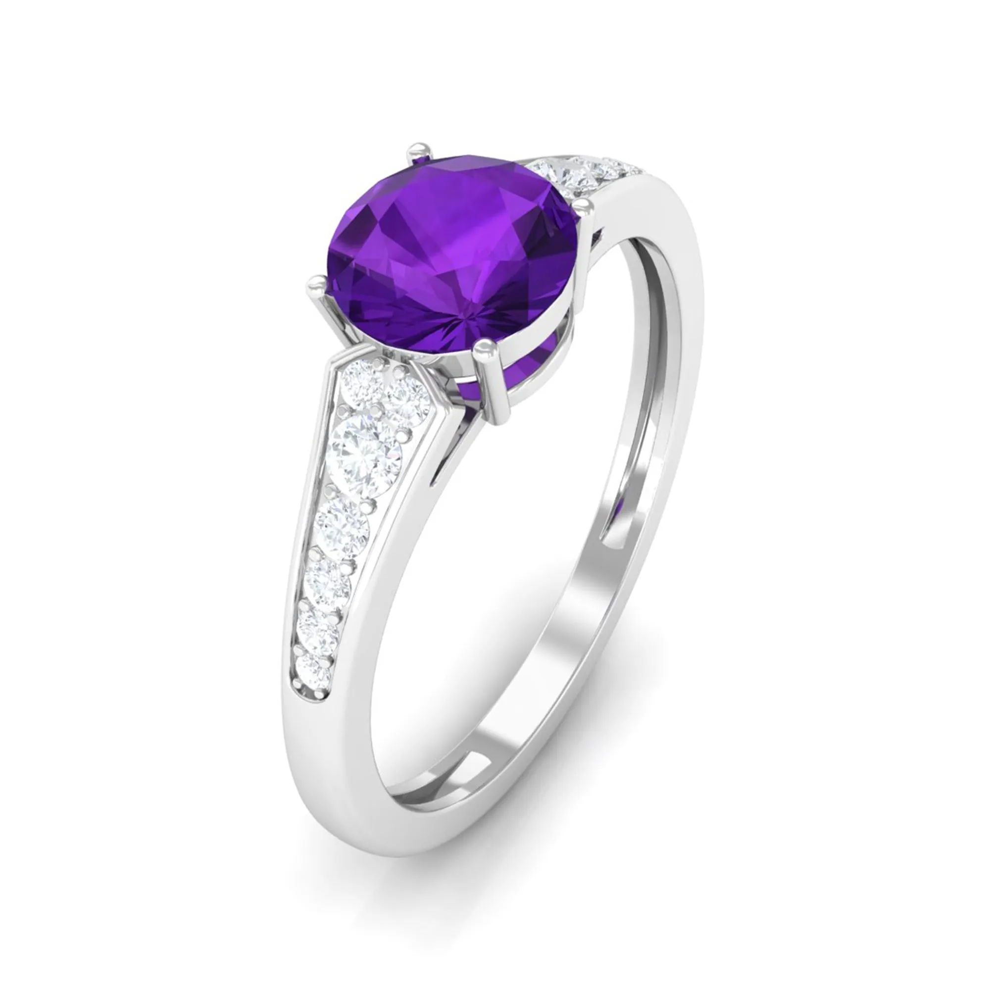 Real Amethyst Solitaire Ring with Diamond Side Stones