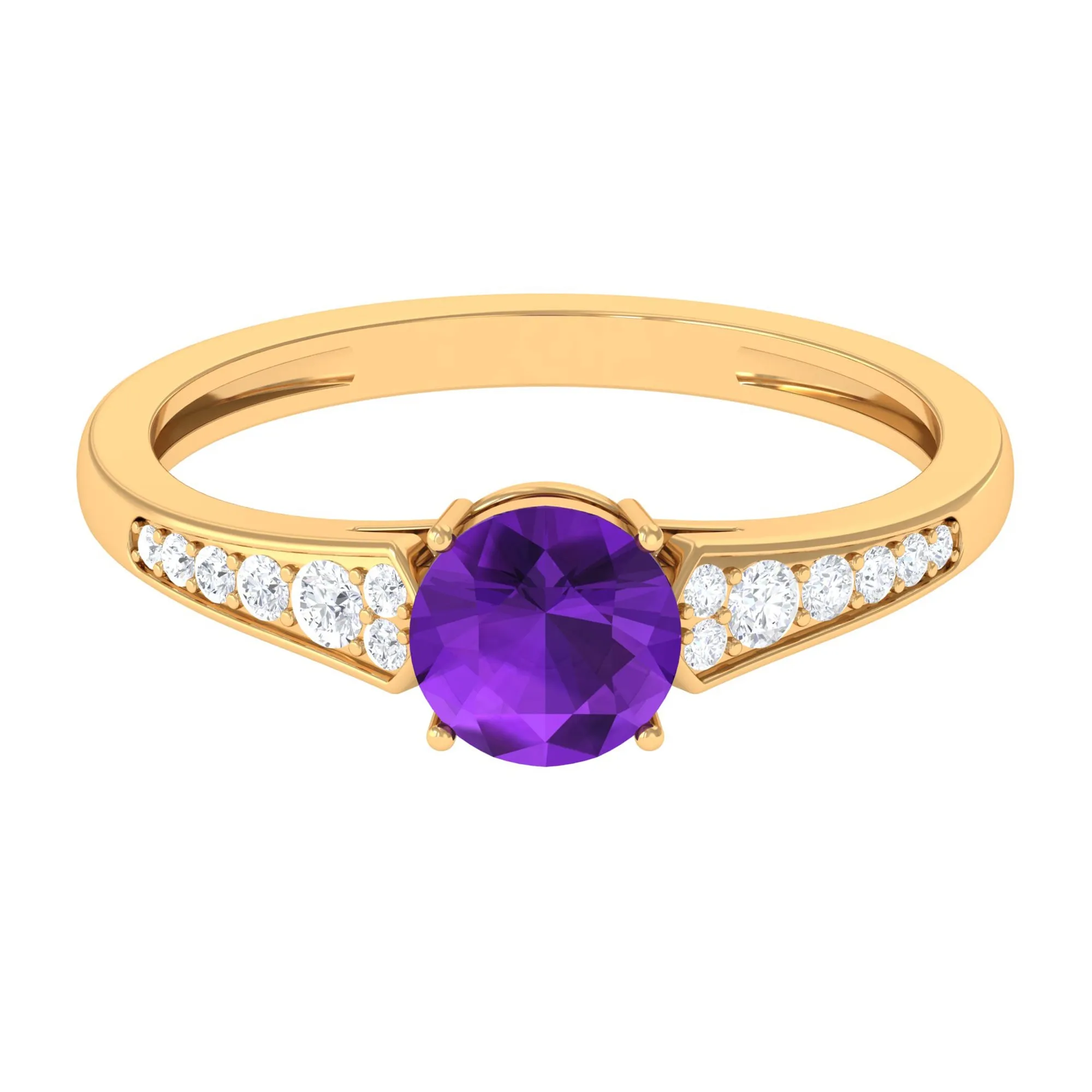 Real Amethyst Solitaire Ring with Diamond Side Stones