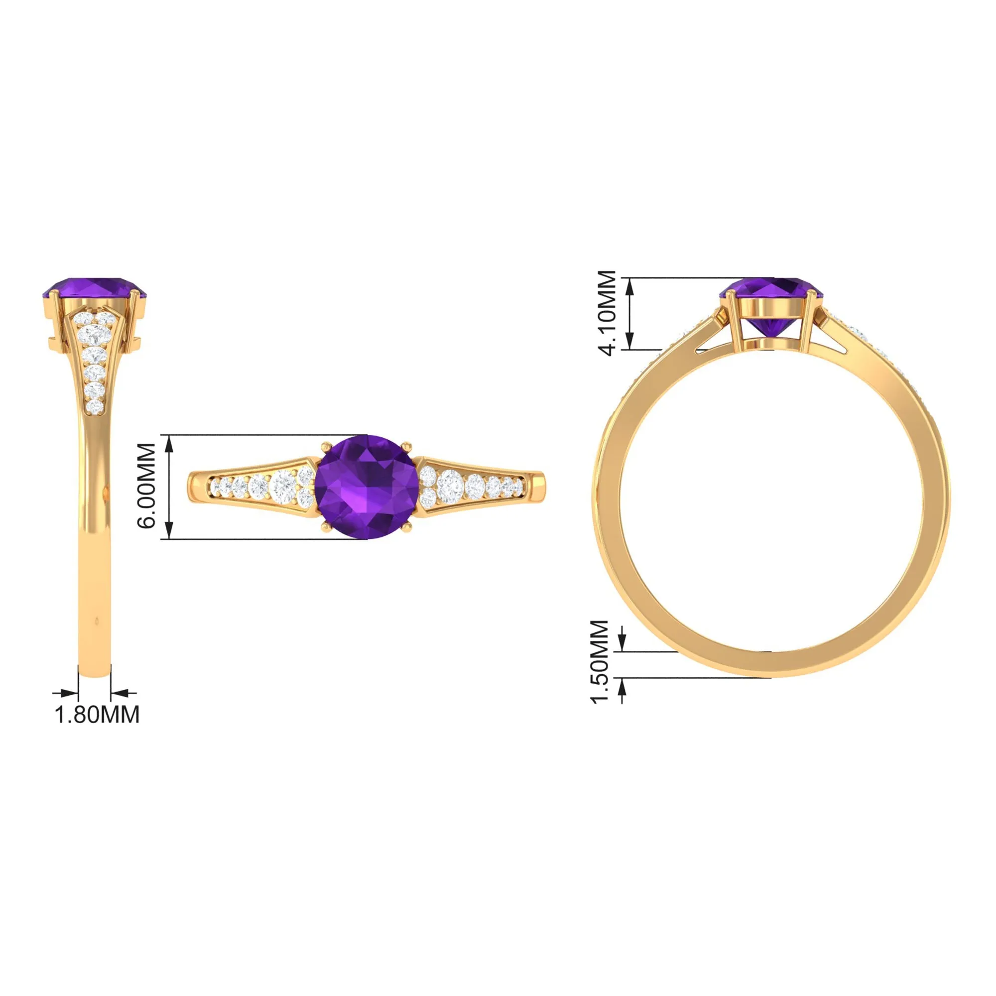 Real Amethyst Solitaire Ring with Diamond Side Stones