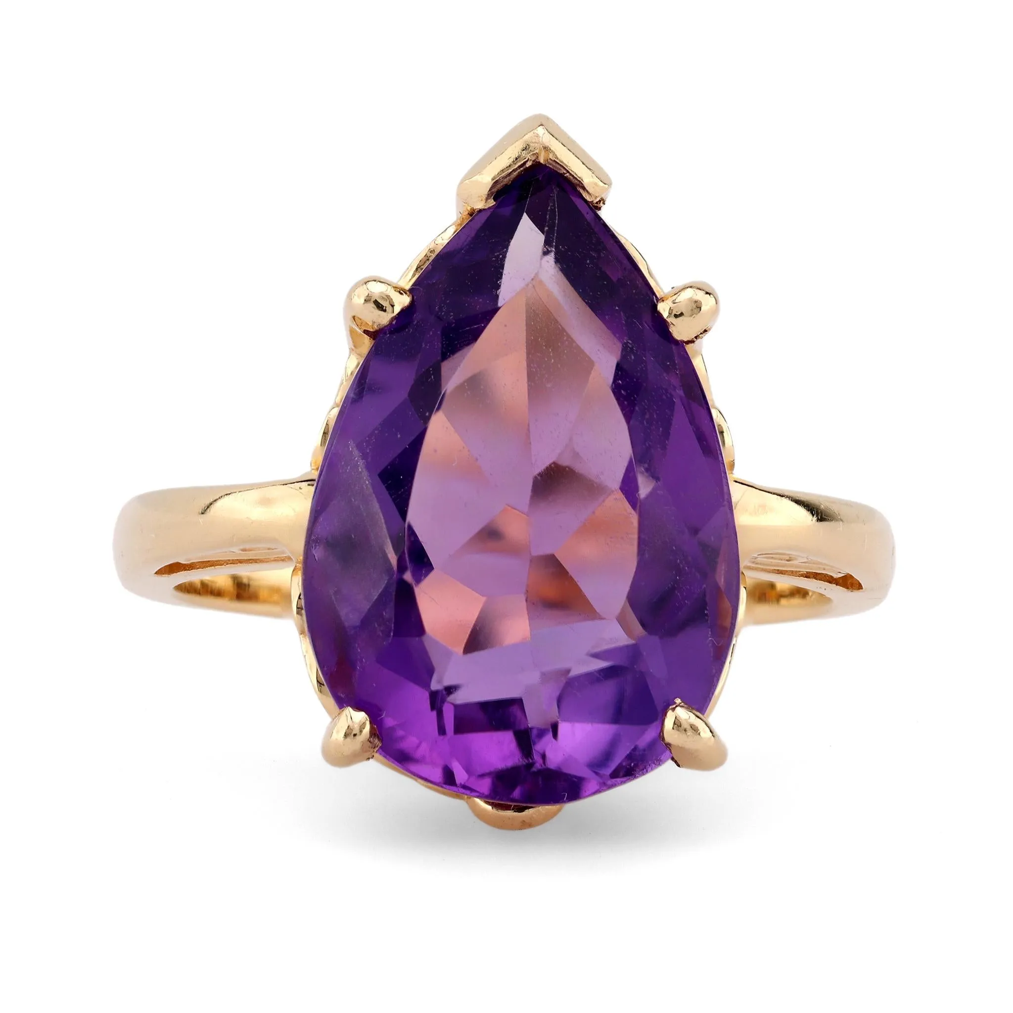 Retro 5.8 Carat Pear Shape Amethyst 14K Yellow Gold Solitaire Ring