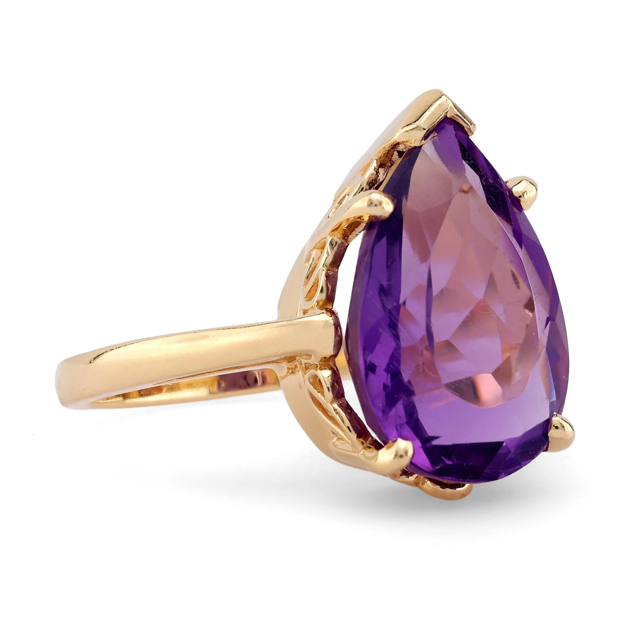 Retro 5.8 Carat Pear Shape Amethyst 14K Yellow Gold Solitaire Ring