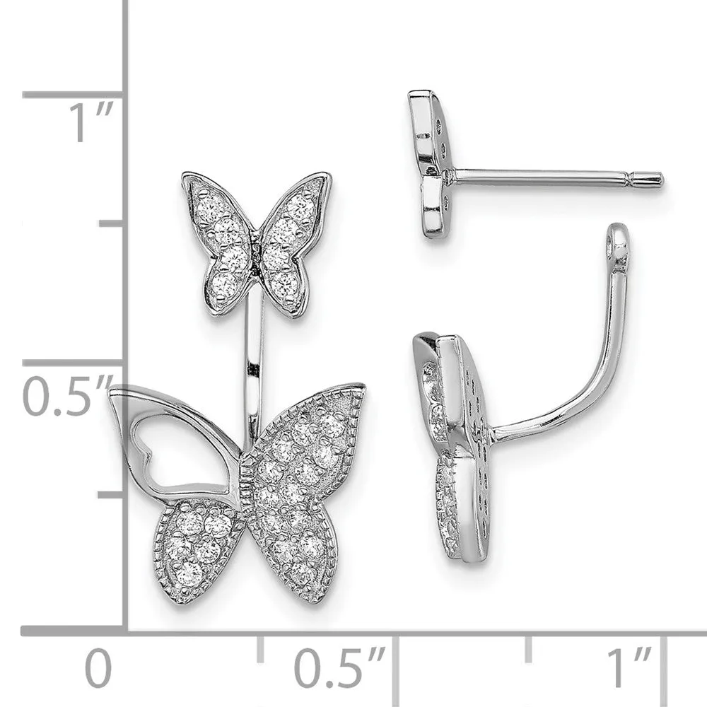 Rhodium-plated Sterling Silver CZ Butterfly Front and Back Earrings