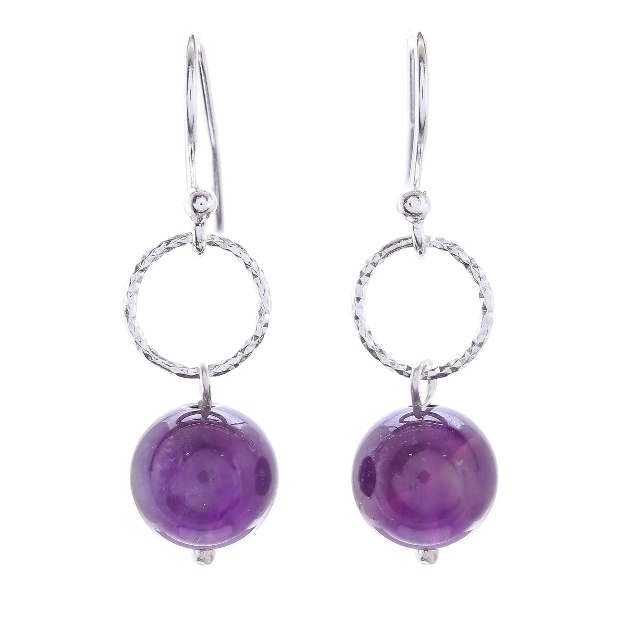 Round Amethyst Dangle Earrings Crafted in Thailand - Ring Shimmer | NOVICA