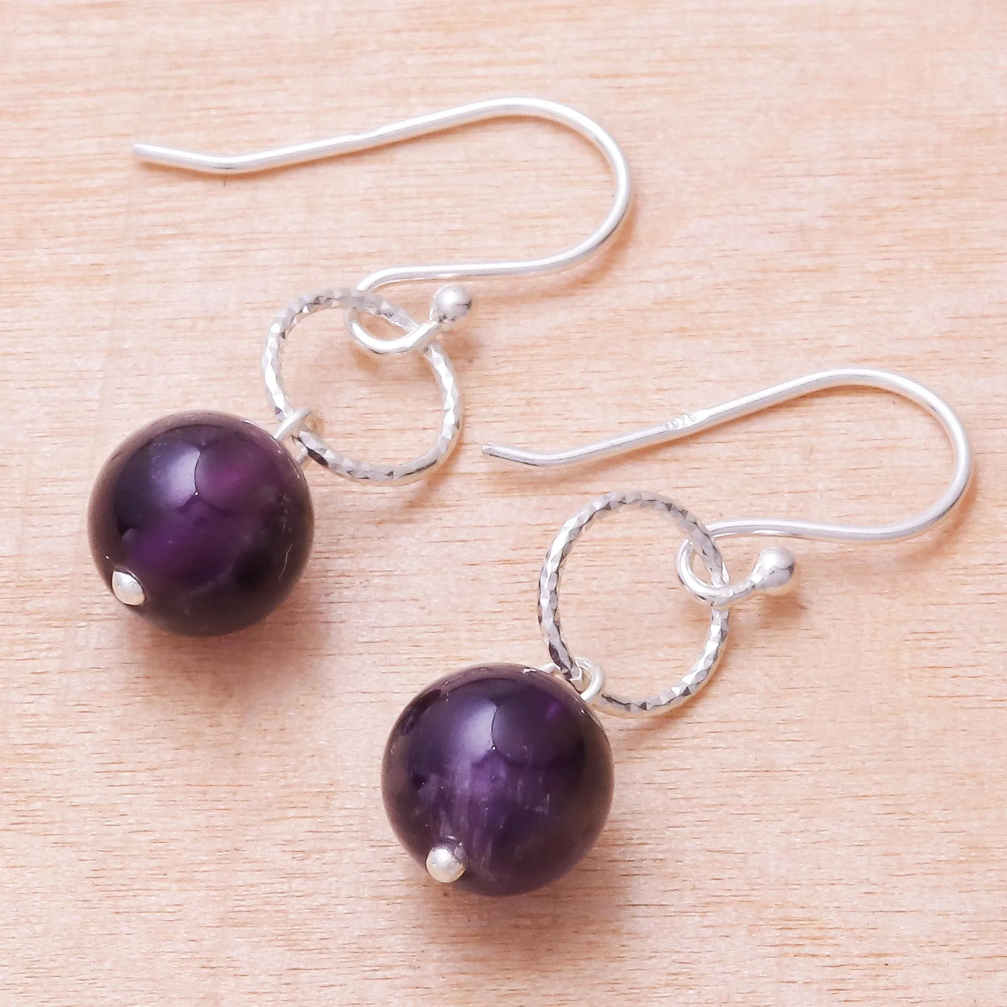 Round Amethyst Dangle Earrings Crafted in Thailand - Ring Shimmer | NOVICA