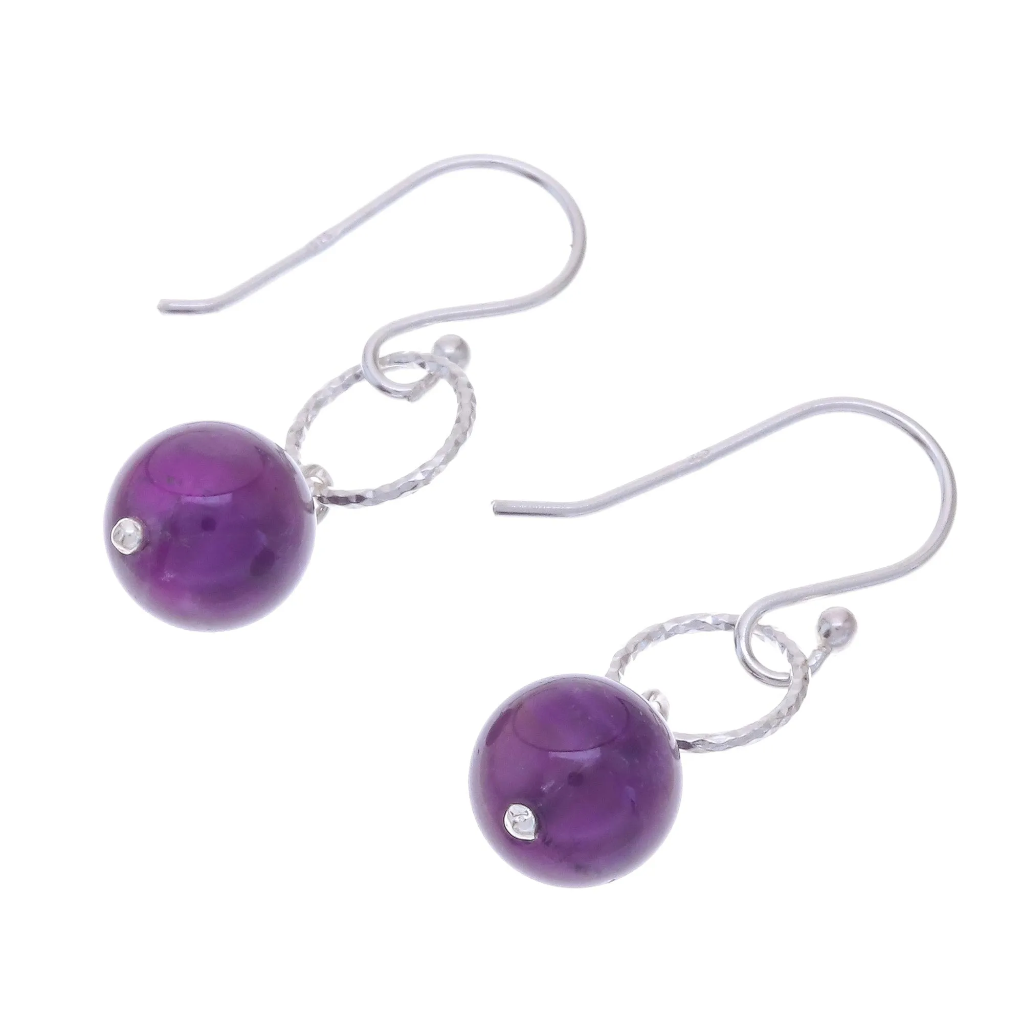 Round Amethyst Dangle Earrings Crafted in Thailand - Ring Shimmer | NOVICA