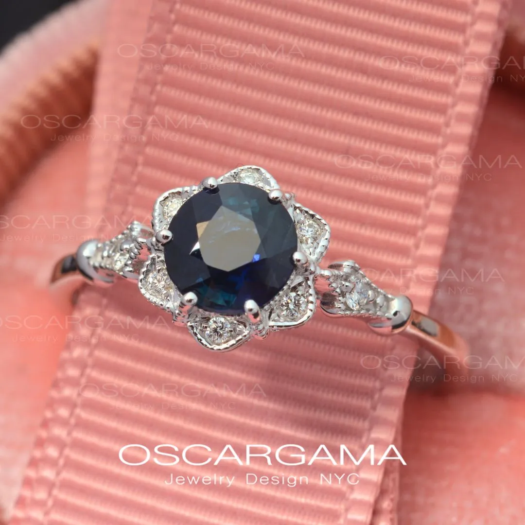 Round Daisy Star Blue Sapphire Engagement Ring Vintage Inspired White