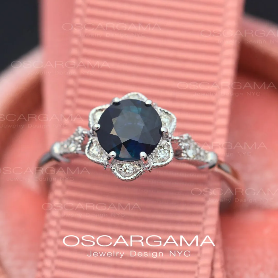 Round Daisy Star Blue Sapphire Engagement Ring Vintage Inspired White