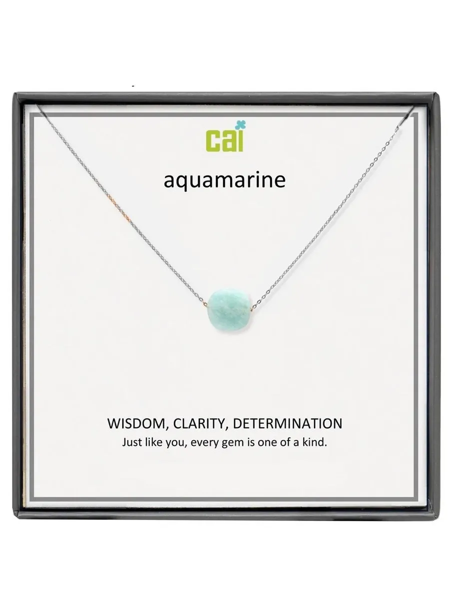 Silver Aquamarine Square Gemstone Necklace