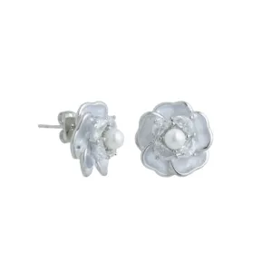 Silver Flower White Pearl Studs