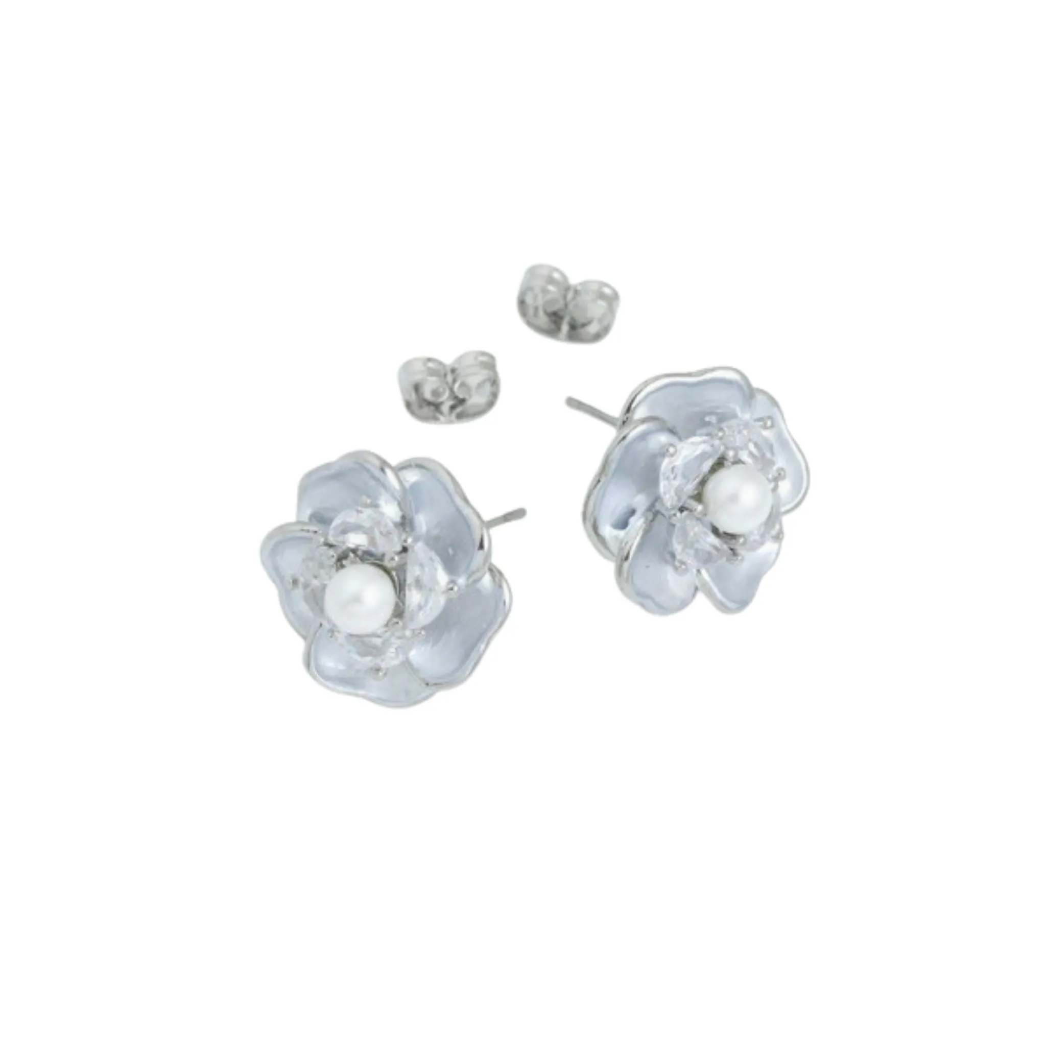 Silver Flower White Pearl Studs