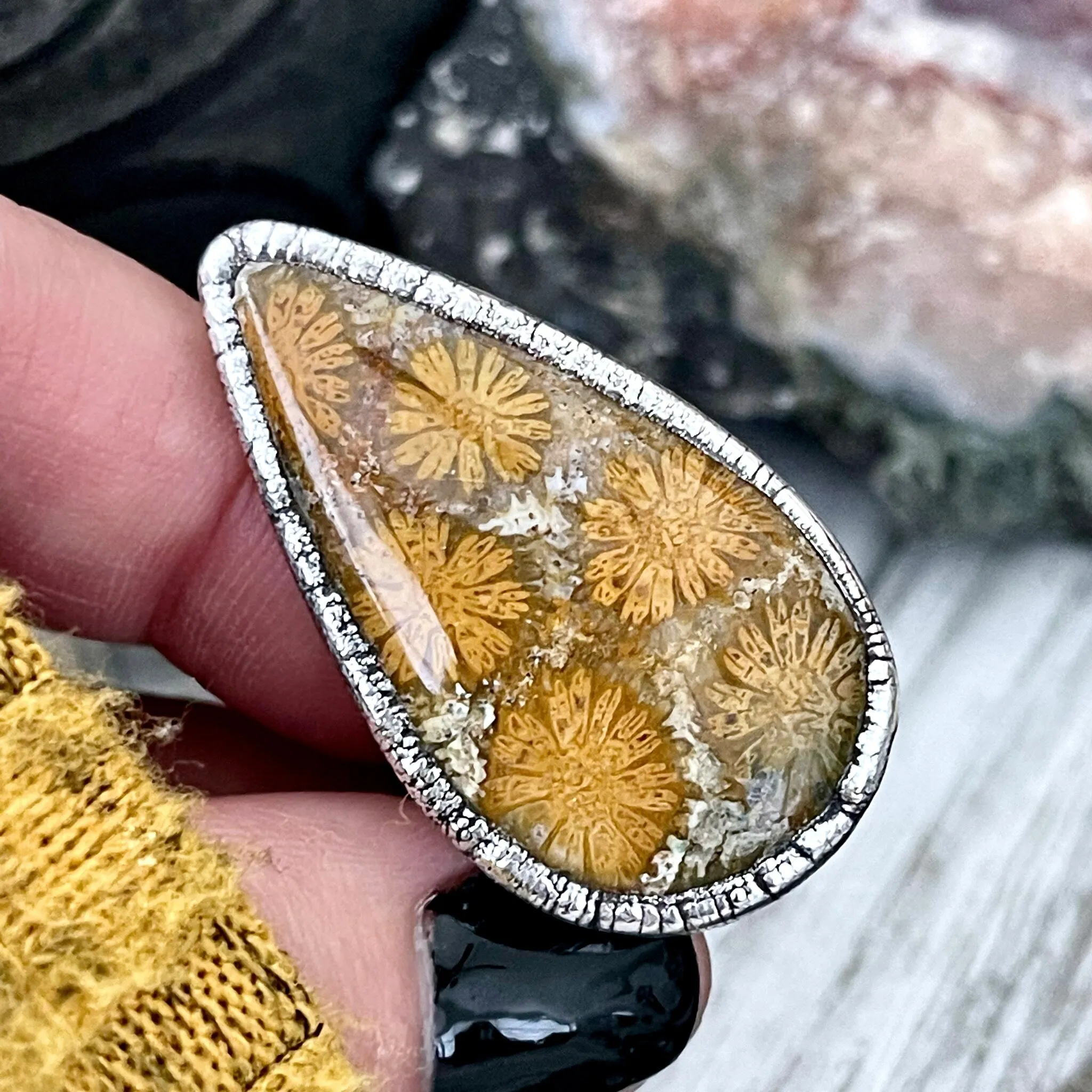 Size 8.5 Big Fossilized Coral Silver Statement Ring in Fine Silver / Foxlark Collection - One of a Kind