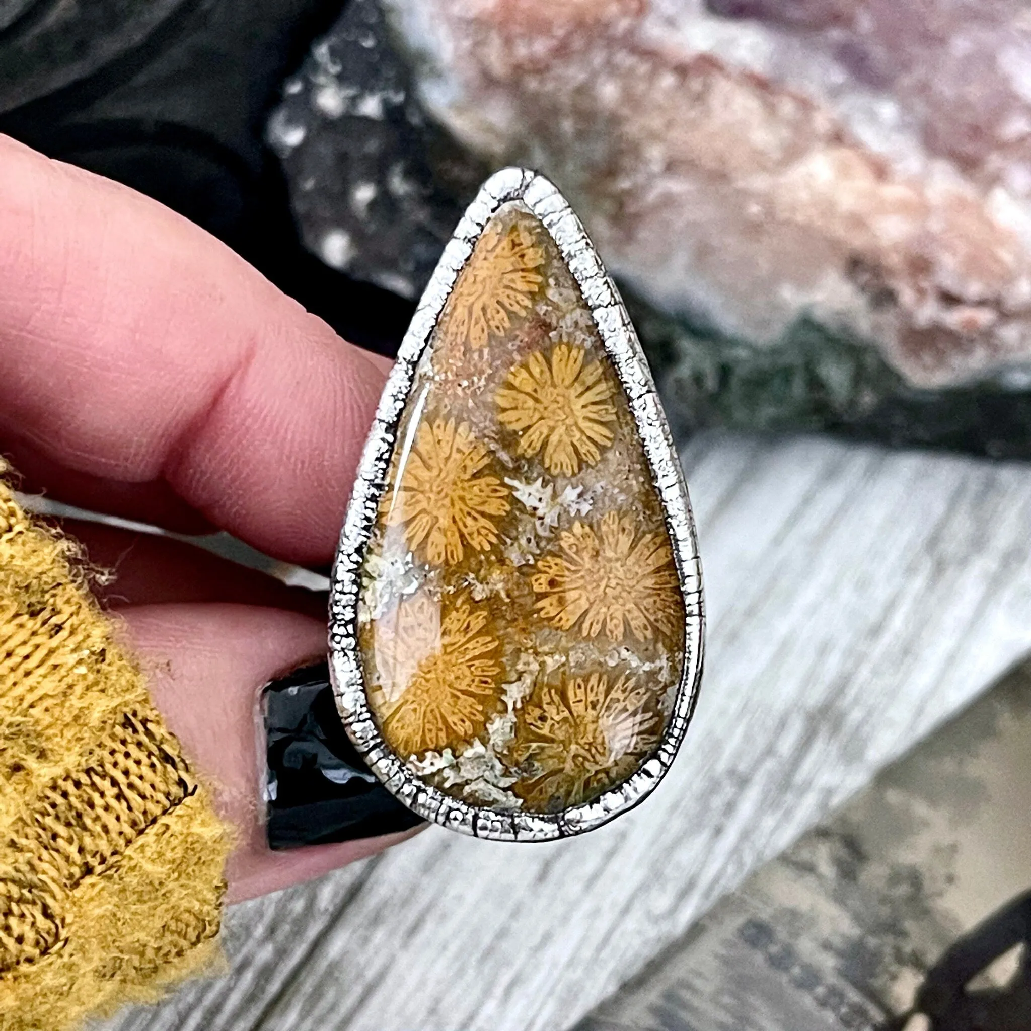 Size 8.5 Big Fossilized Coral Silver Statement Ring in Fine Silver / Foxlark Collection - One of a Kind