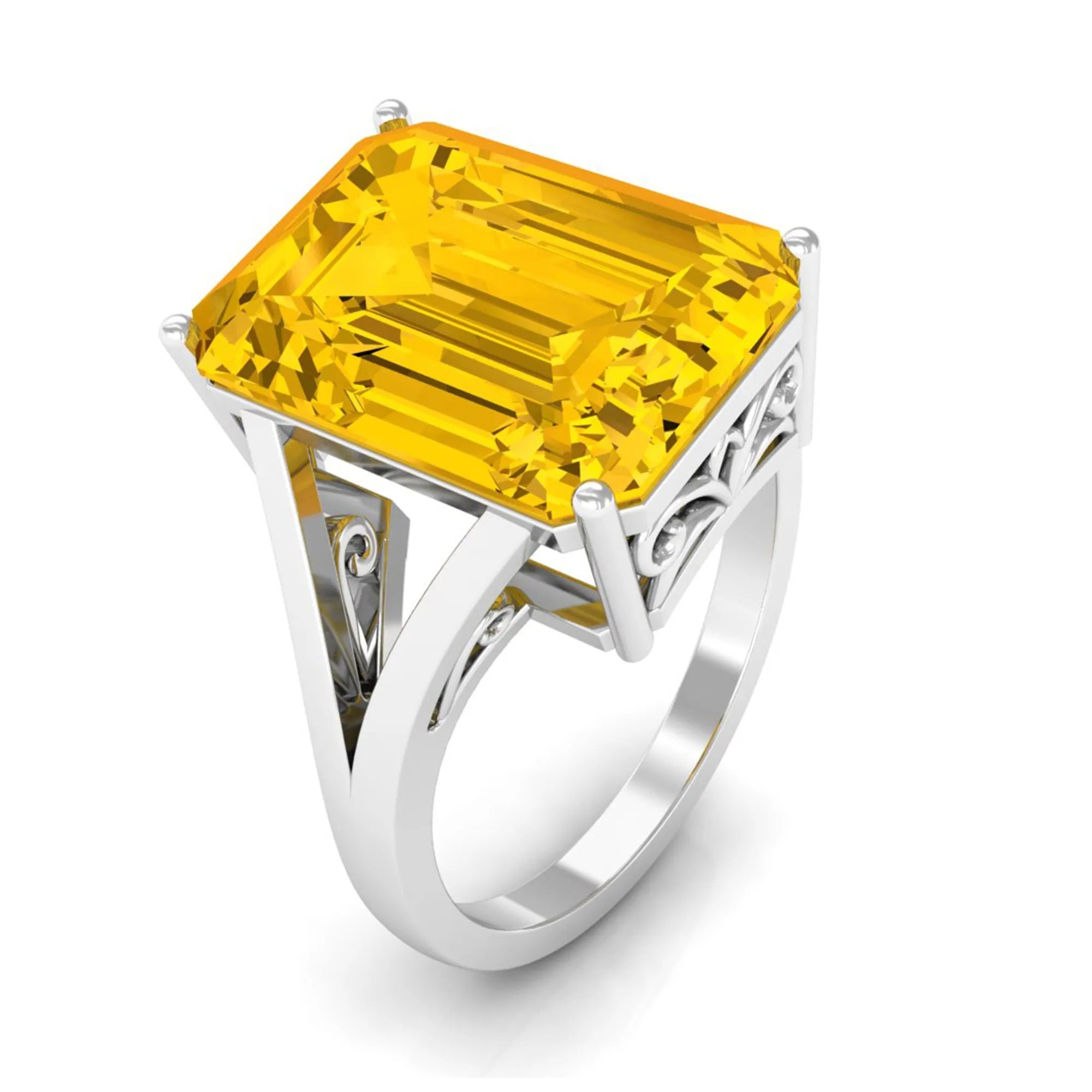 Solitaire Created Yellow Sapphire Split Shank Engagement Ring