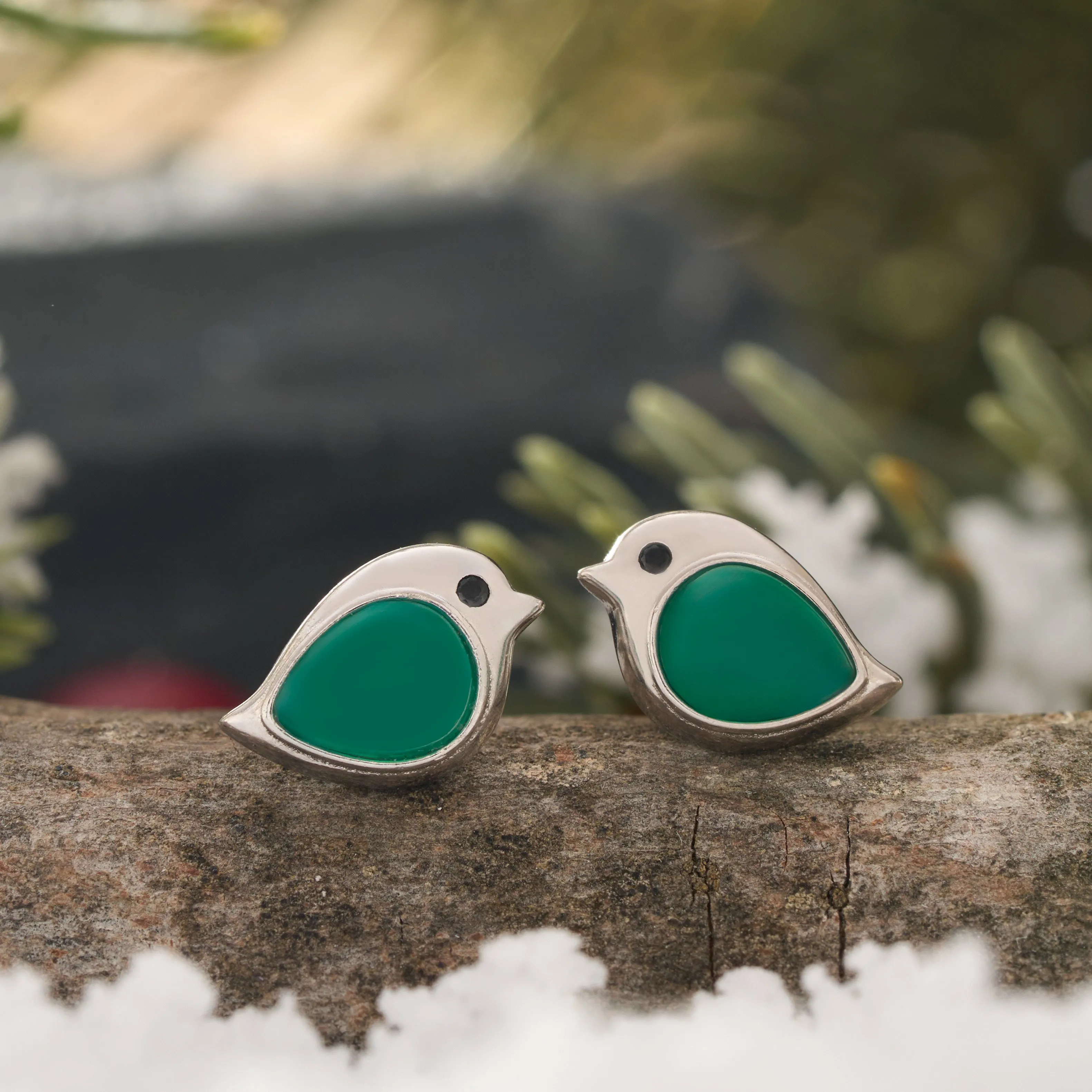 Sterling Silver Green Agate Gemstone Birdie Studs