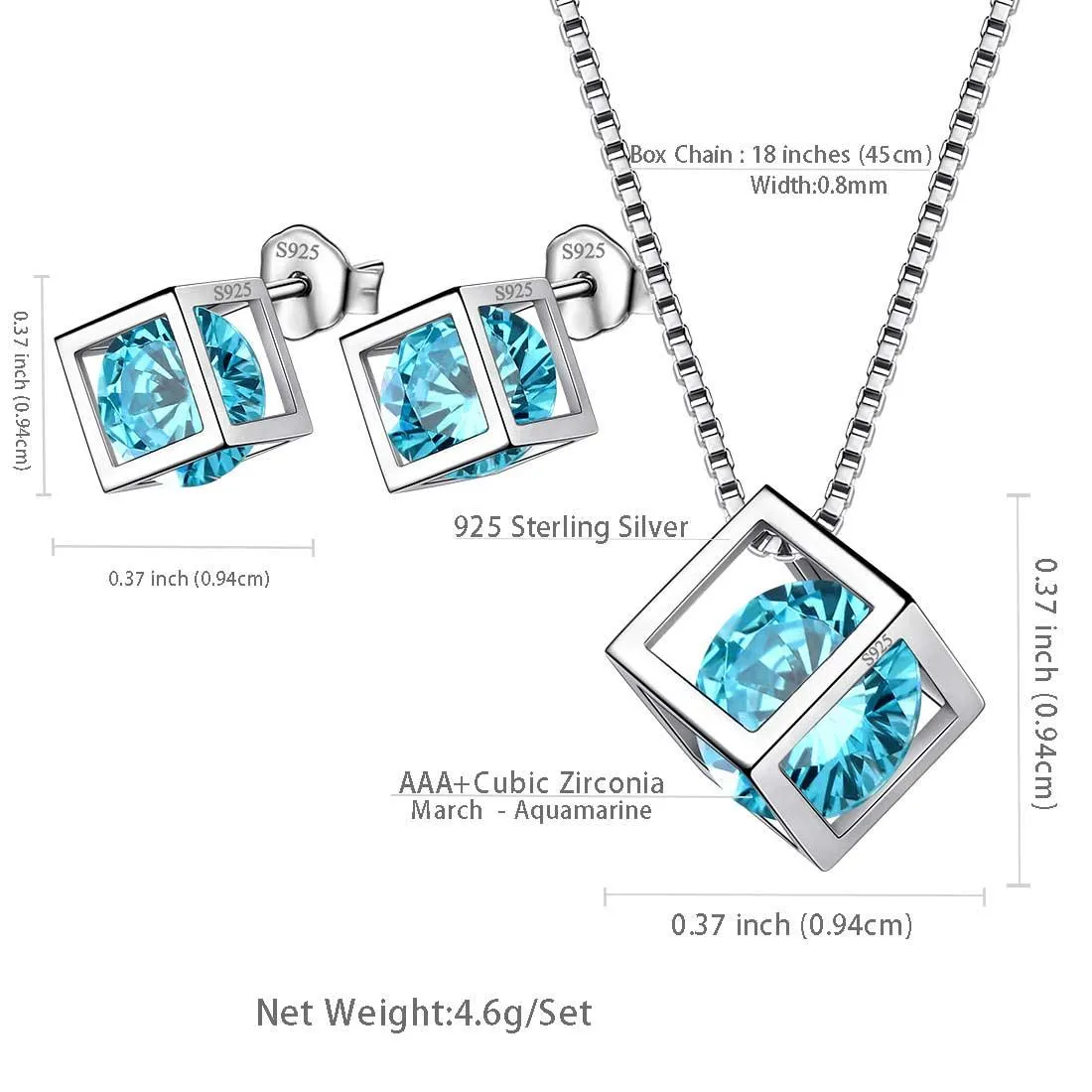 Tokyo Mart 3D Cube Birthstone March Aquamarine Jewelry Set 3PCS Women Girls Birthday Gift