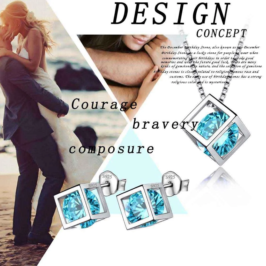 Tokyo Mart 3D Cube Birthstone March Aquamarine Jewelry Set 3PCS Women Girls Birthday Gift