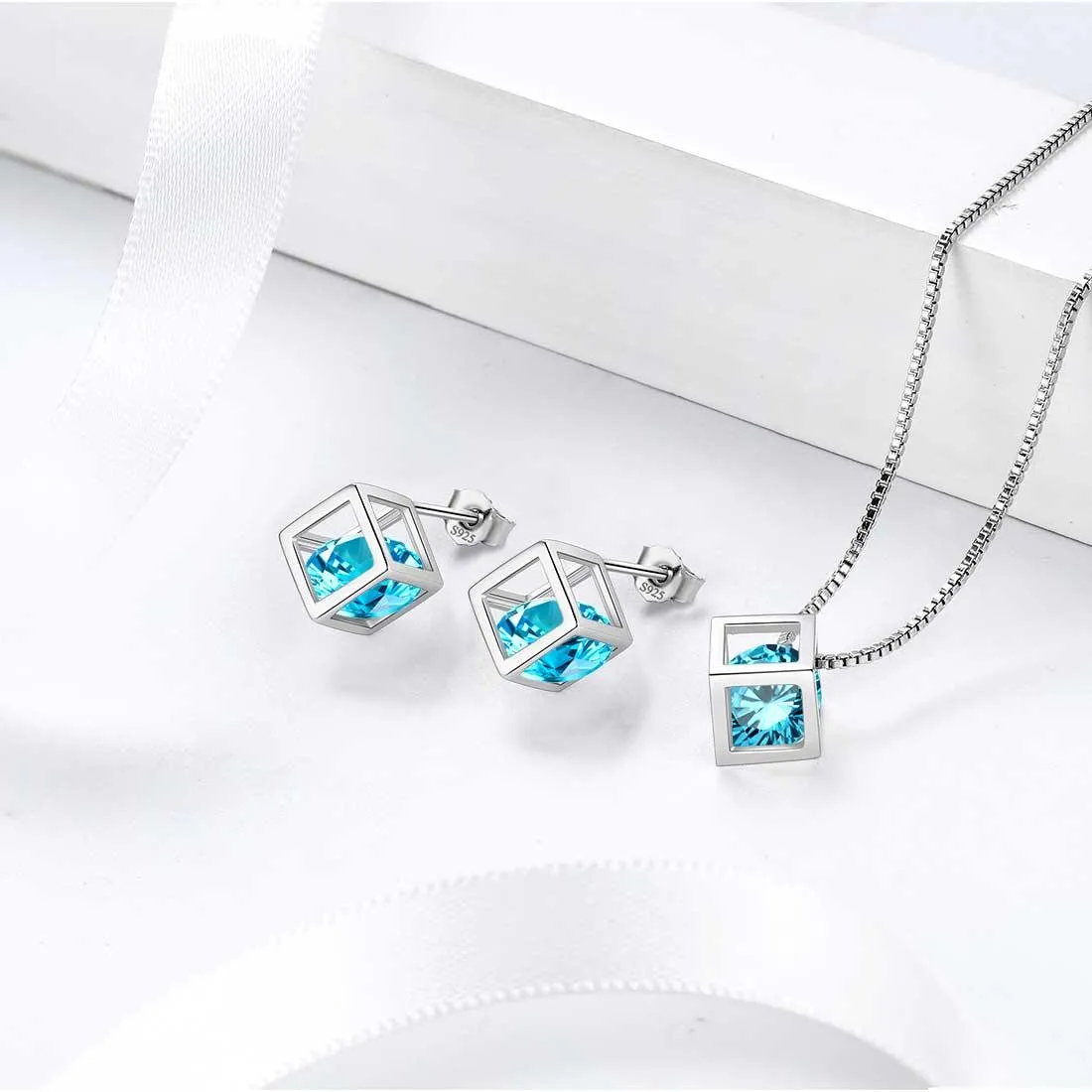 Tokyo Mart 3D Cube Birthstone March Aquamarine Jewelry Set 3PCS Women Girls Birthday Gift