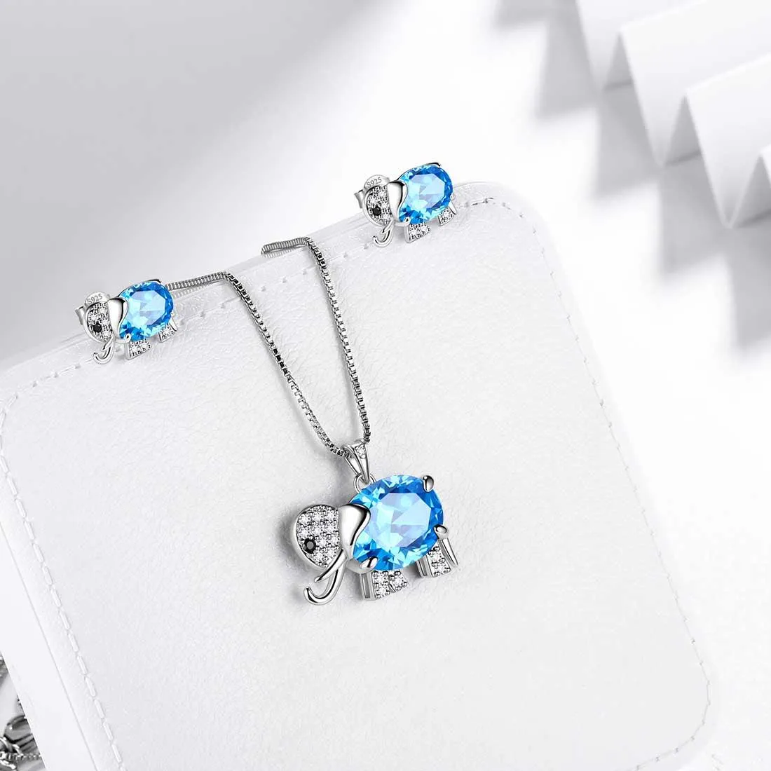 Tokyo Mart Elephant Birthstone March Aquamarine Jewelry Set 3PCS Women Girls Birthday Gift