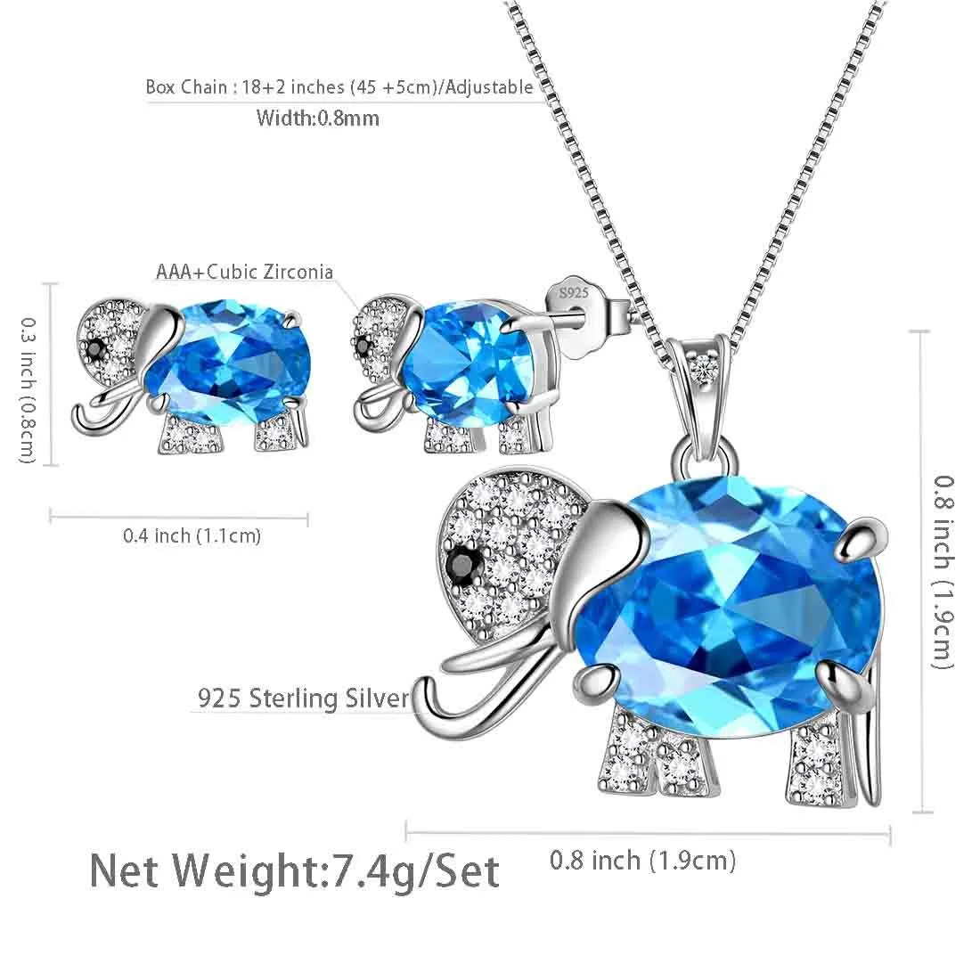 Tokyo Mart Elephant Birthstone March Aquamarine Jewelry Set 3PCS Women Girls Birthday Gift