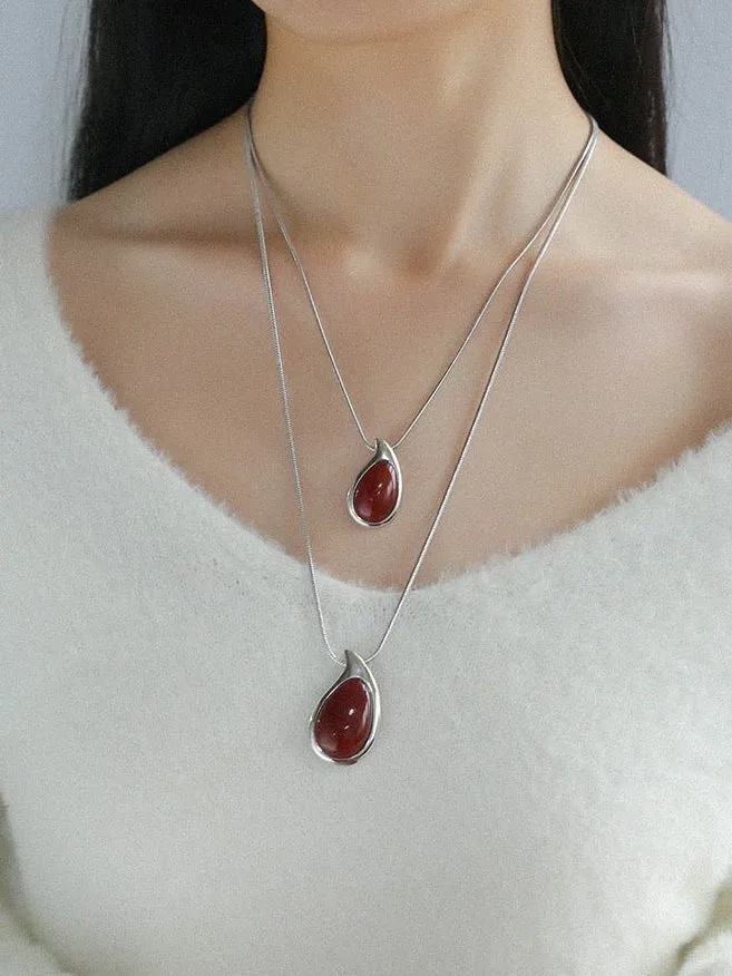 Waterdrop White Agate Red Agate Long Pendant Necklace