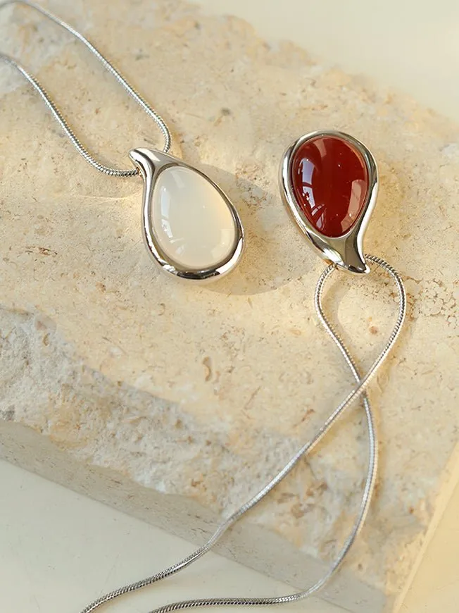 Waterdrop White Agate Red Agate Long Pendant Necklace