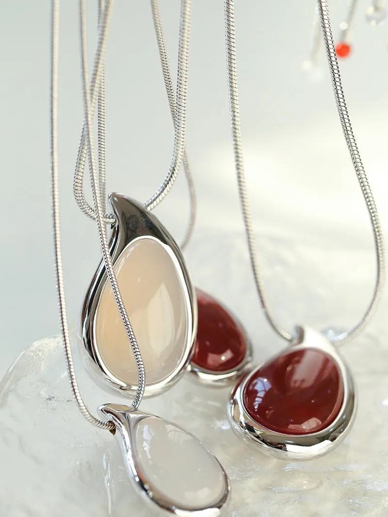 Waterdrop White Agate Red Agate Long Pendant Necklace