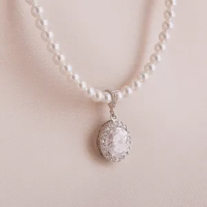 White Pearl & Silver Cubic Zirconia Oval Necklace