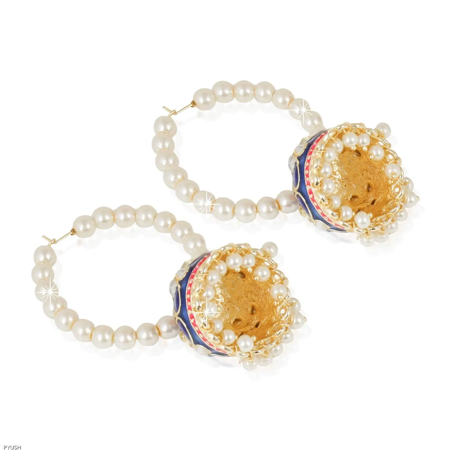 Yellow Chimes Blue Classic Designer Meenakari Kundan Pearl Copper Hoops Traditional Peacock Jhumka Earrings for Women and Girls