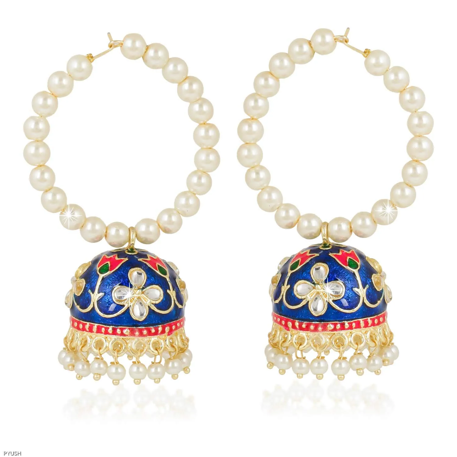 Yellow Chimes Blue Classic Designer Meenakari Kundan Pearl Copper Hoops Traditional Peacock Jhumka Earrings for Women and Girls