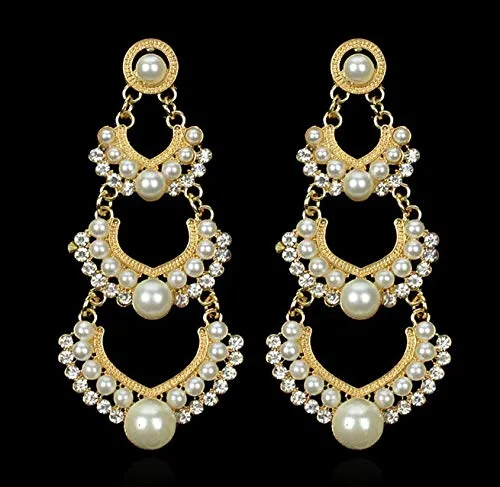 Yellow Chimes Danglers Earrings for Women Traditional Pearl Gold Plated Long Danglers Earrings for Women and Girls