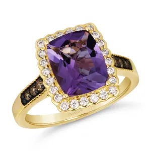 Yellow Gold Ring with a Cushion Cut Amethyst and Chocolate Diamonds